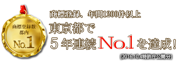 商標登録数 都内No1 商標登録、年間1200件以上 東京都で5年連続No.1を達成！[2016.10.4特許庁公開分] 商標審査不合格なら費用はゼロ！ 手数料も頂きません。